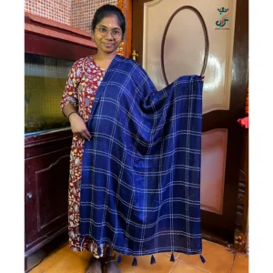 Navy blue checked cotton dupatta with tassels for women – Jeeyo Fashion